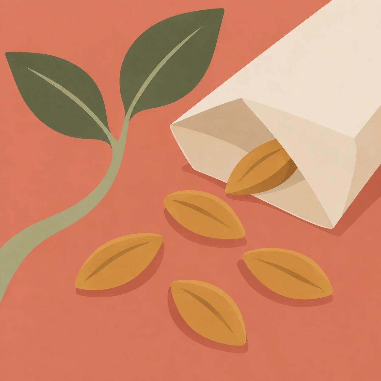 An open ivory seed packet, ochre seeds and a green seedling on coral. Illustration for Fertility Snapshot from Enkel Health.