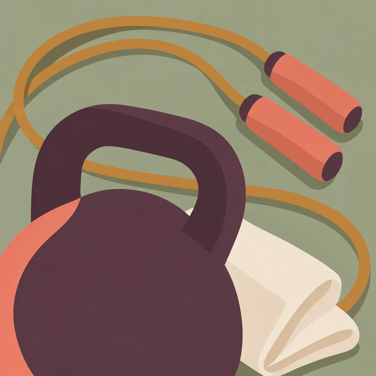 En auberginefärgad kettlebell, ockrafärgat hopprep och elfenbensvit handduk mot salviagrönt. Illustration för Fitness Premium från Enkel Health.