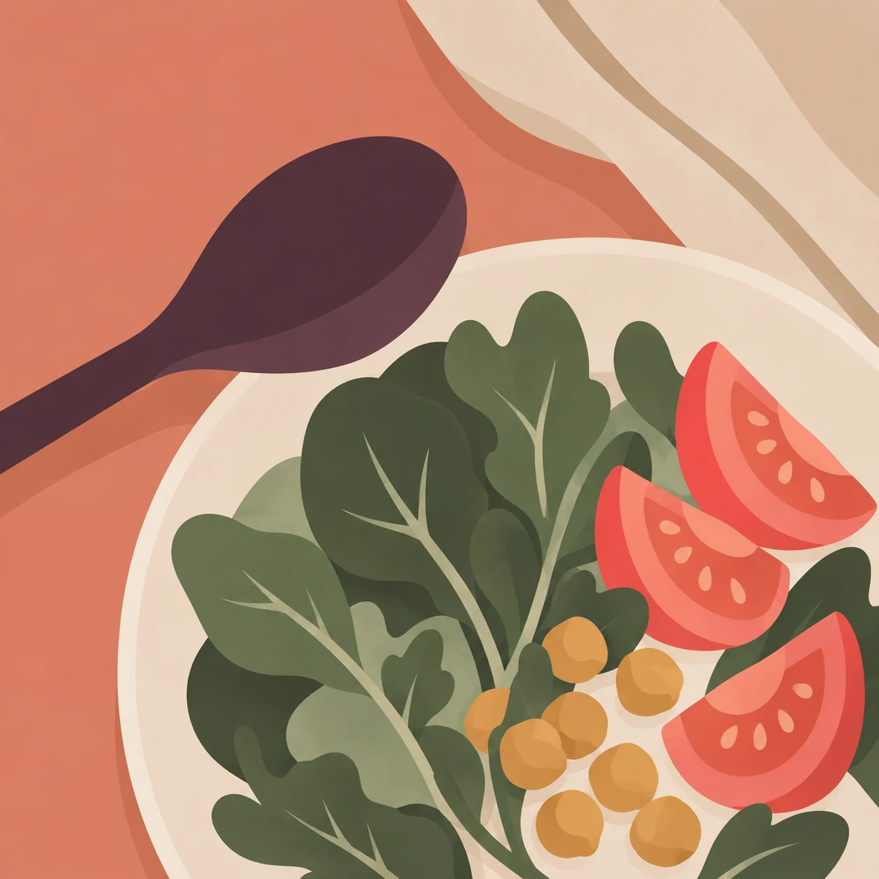 An ivory plate of greens, tomatoes and chickpeas on a coral table. Illustration for Liver & Metabolic from Enkel Health.