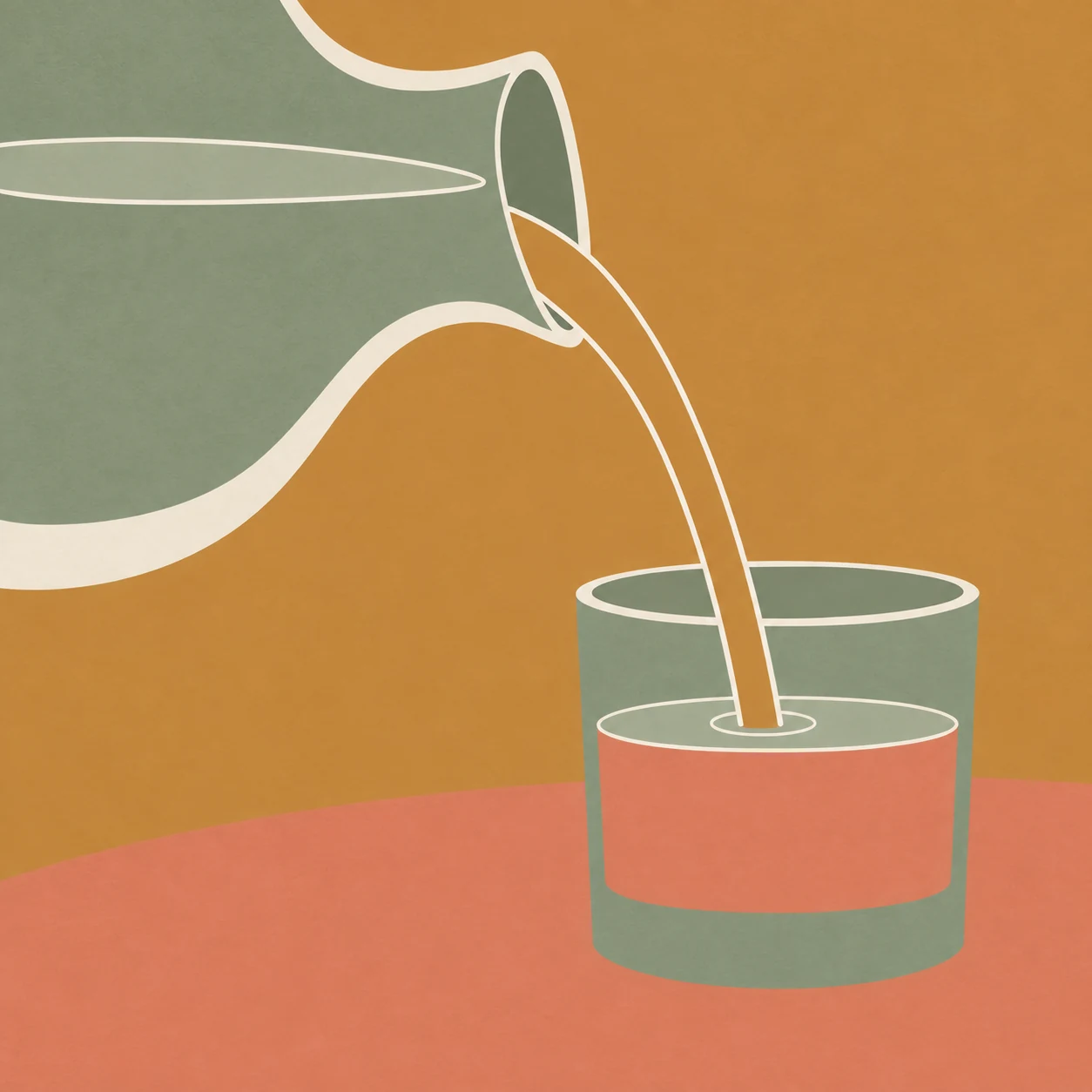 En salviagrön kanna som häller vatten i ett glas på ett korallfärgat bord mot ockra. Illustration för Njurar & elektrolyter från Enkel Health.