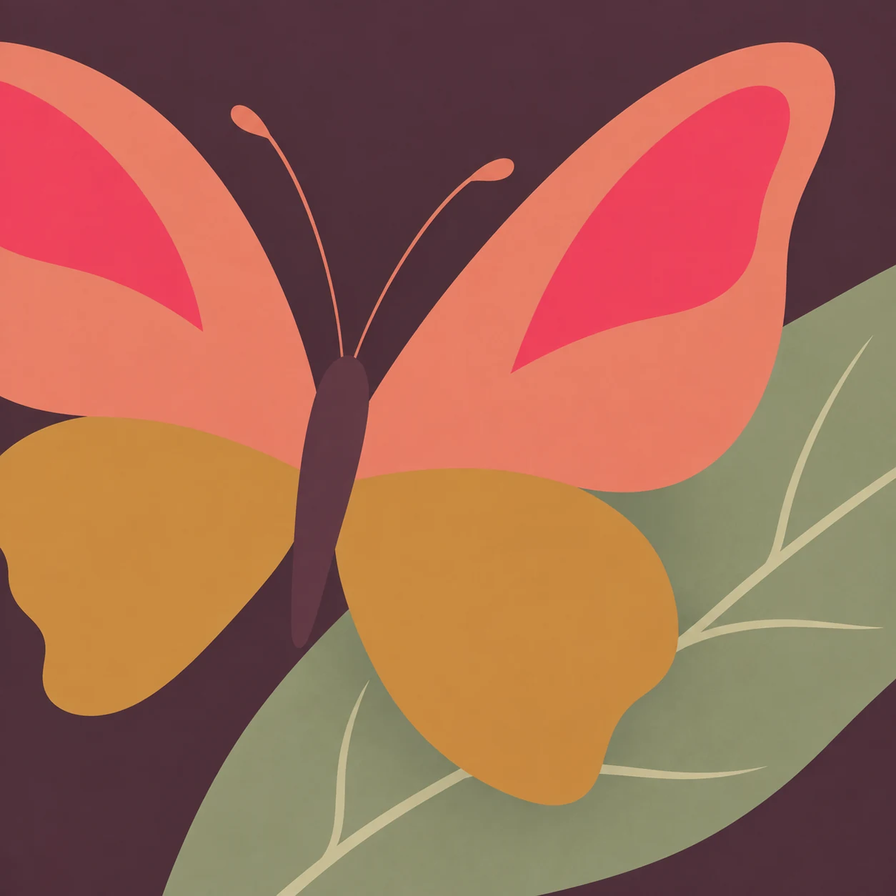 En fjäril i rosa, korall och ockra på ett salviagrönt blad mot aubergine. Illustration för Sköldkörtelhälsa från Enkel Health.
