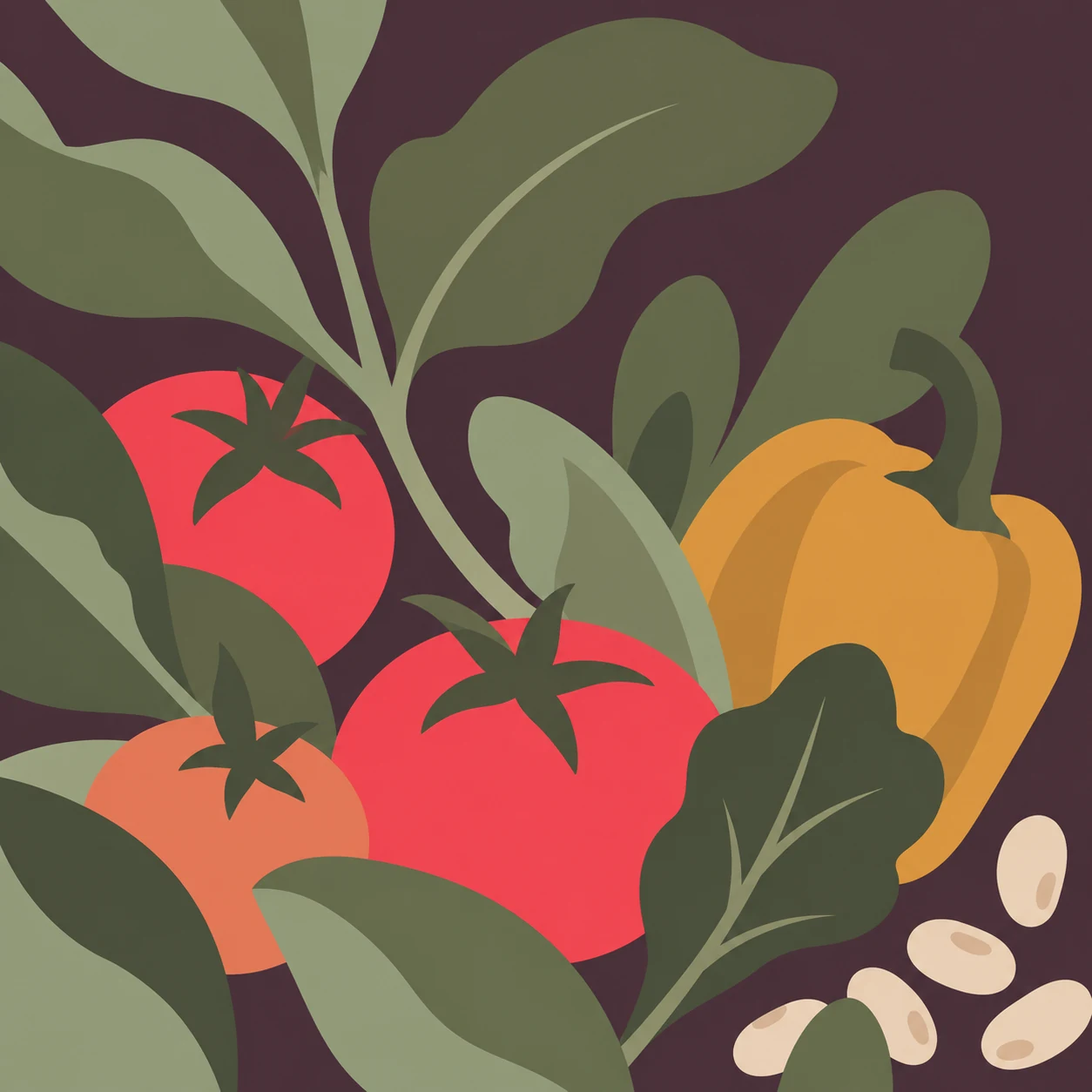 Gröna blad, rosa tomater, en ockrafärgad paprika och ljusa bönor mot aubergine. Illustration för Växtbaserad livsstil från Enkel Health.