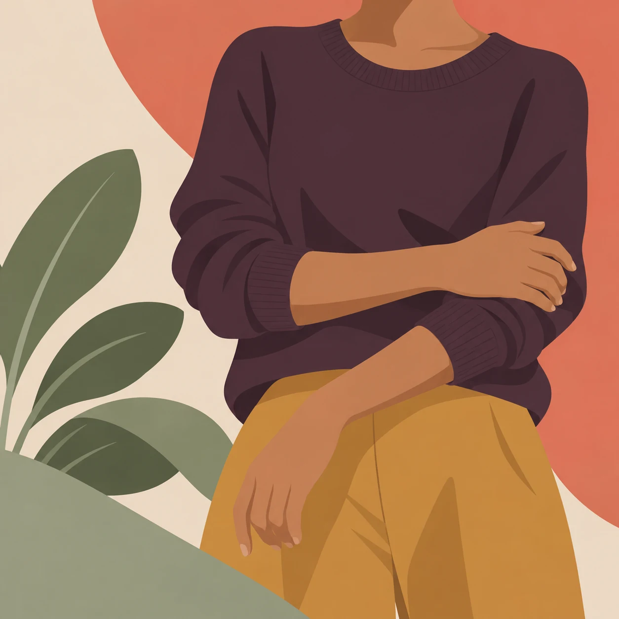 En person med korsade armar, auberginefärgad tröja och ockrafärgade byxor. Illustration för Vitals från Enkel Health.