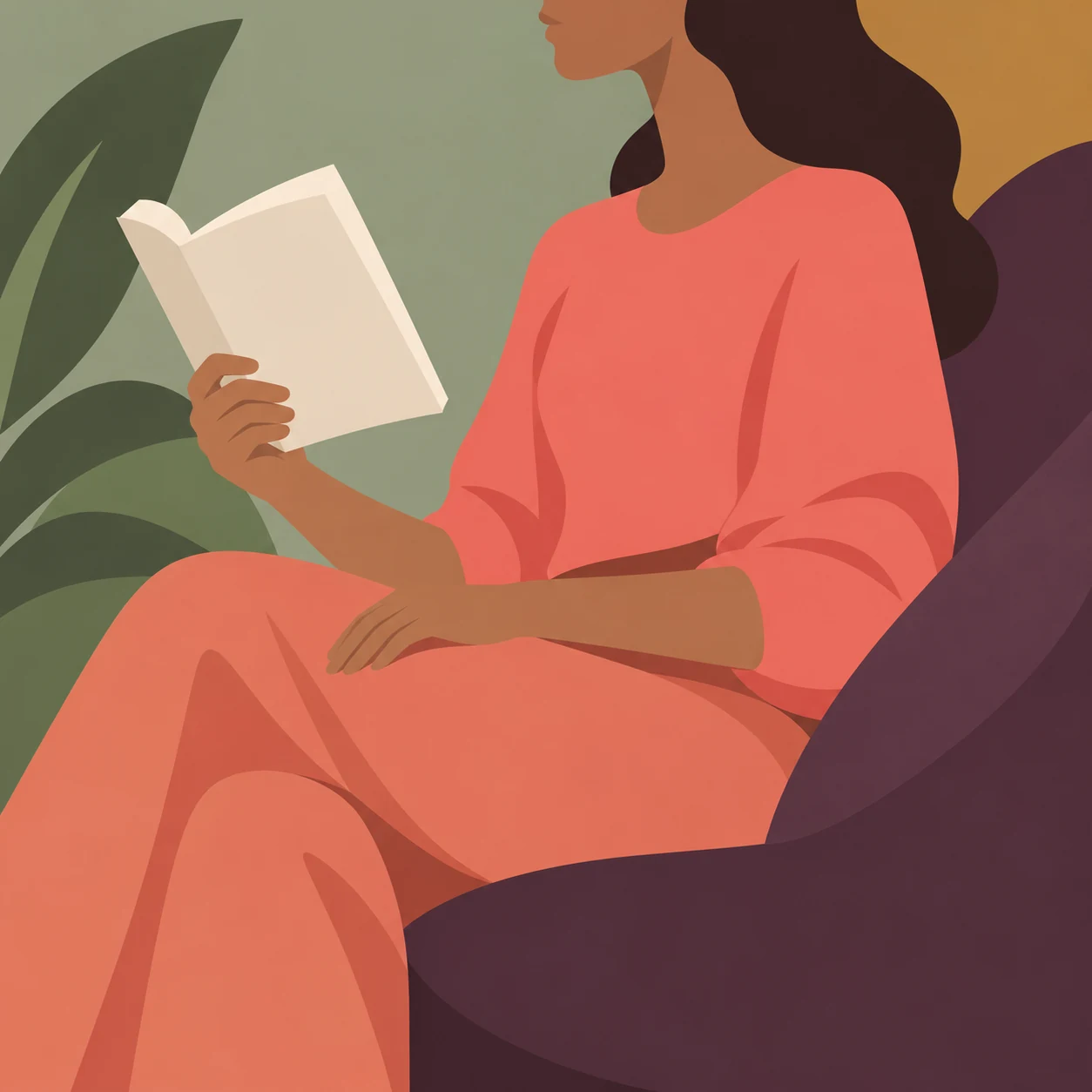 En sittande person i korallfärgade kläder med en elfenbensvit bok. Illustration för Vitals Pro från Enkel Health.